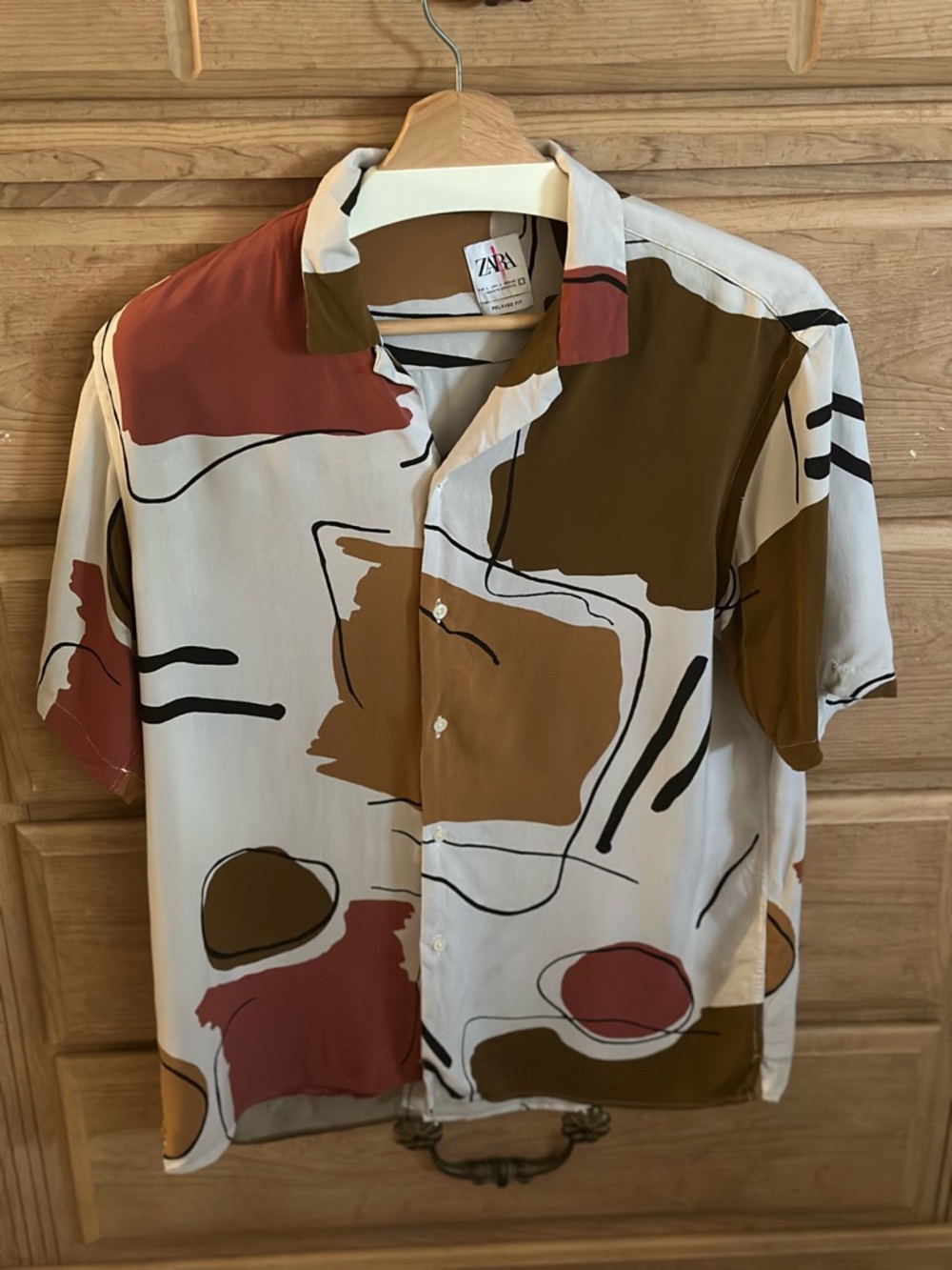 Zara Cream, Olive, Rust & Brown Abstract Print Button-Down Shirt